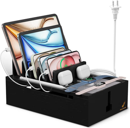 Pezin & Hulin Bamboo Charging Station for Multiple Devices, USB Charger Dock Organizer, with Power Supply (10 Ports HUB), 6 Cables, Cable Management Organizer for Cell Phones, Tablets -Natural+White