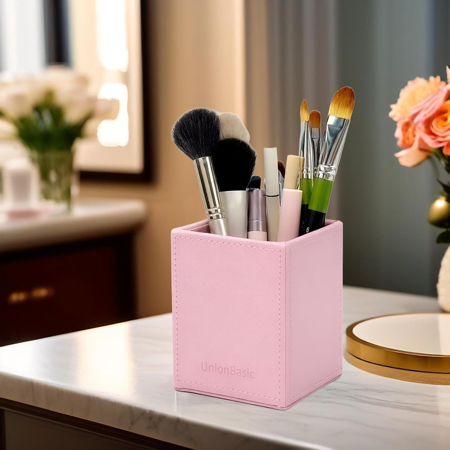 UnionBasic Square Pen Holder, Leather Pencil Cup, Desktop Caddy Stationery Organizer, Beige