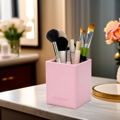 UnionBasic Square Pen Holder, Leather Pencil Cup, Desktop Caddy Stationery Organizer, Beige