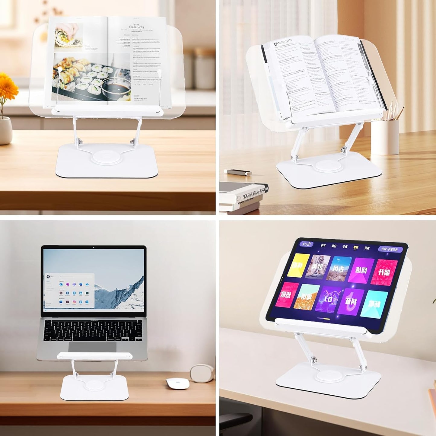 ASIEIT Desk Clamp Book Stand, Aluminum Book Holder Adjustable Height & Angle, Cookbook Stand for Kitchen, Recipe Book Holder with 360° Swivel Base, Book Stand for Reading, Office, Laptop