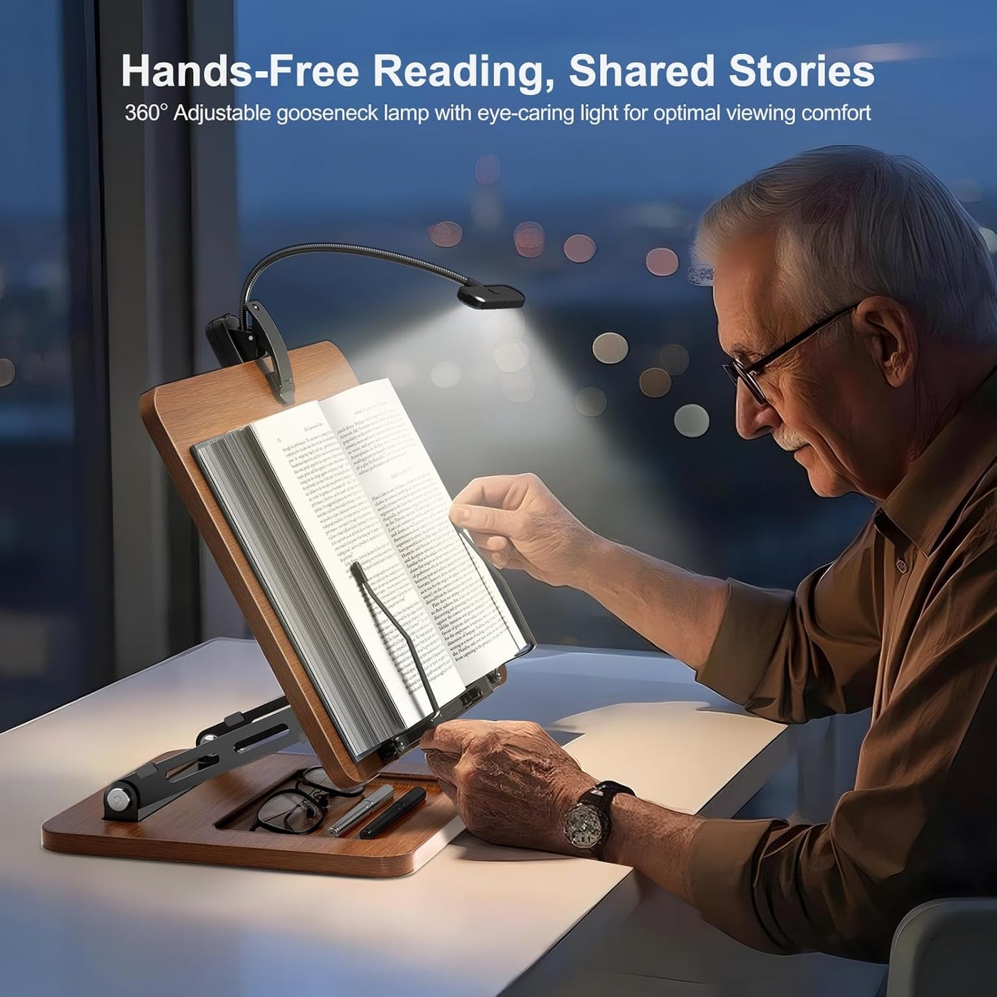 Book Stand for Reading, 360° Rotating Hands Free Book Holder, Adjustable Height and Angle, Page Clip for Cookbook, Recipe, Magazine, Laptop,Tablet, Foldable for Kitchen, Office, School