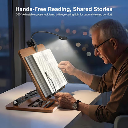 Book Stand for Reading, 360° Rotating Hands Free Book Holder, Adjustable Height and Angle, Page Clip for Cookbook, Recipe, Magazine, Laptop,Tablet, Foldable for Kitchen, Office, School