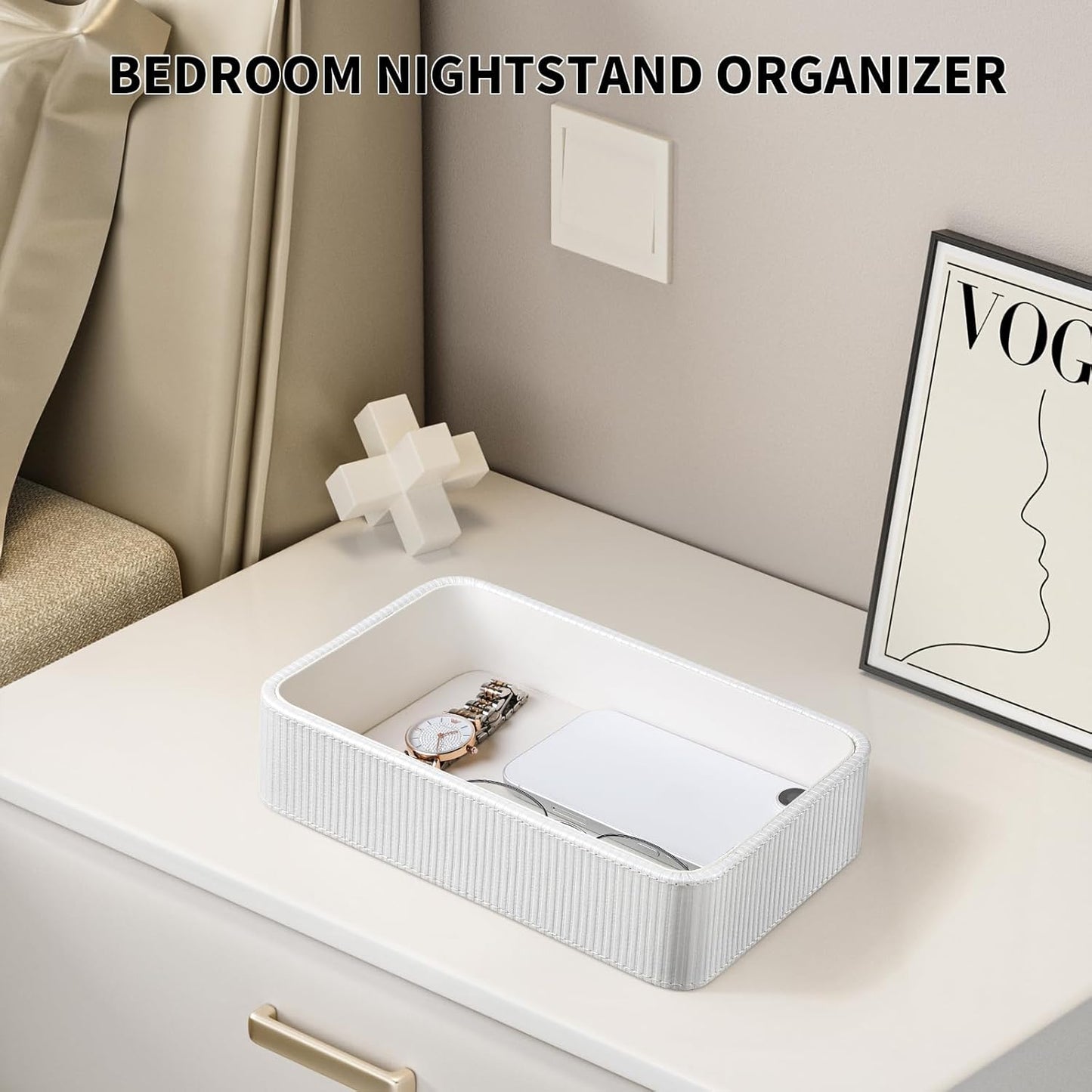 PU Leather Valet Tray Organizer, Small Nightstand Organizer Bedside Desktop Storage for Womens and Men, Perfume Trinket Catchall Vanity Tray for Key Watch Wallet (Beige, Rectangular)