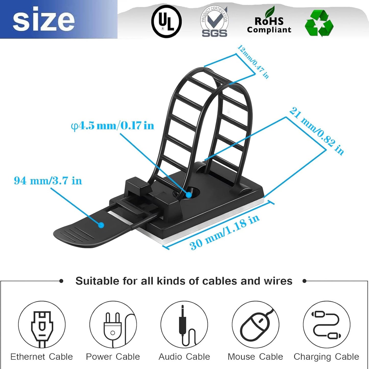 Adjustable Adhesive Cable Management Clips 50Pcs, Large self Adhesive Cable Ties Clips ，Suitable for Cable Management Under desks and on Walls (White)