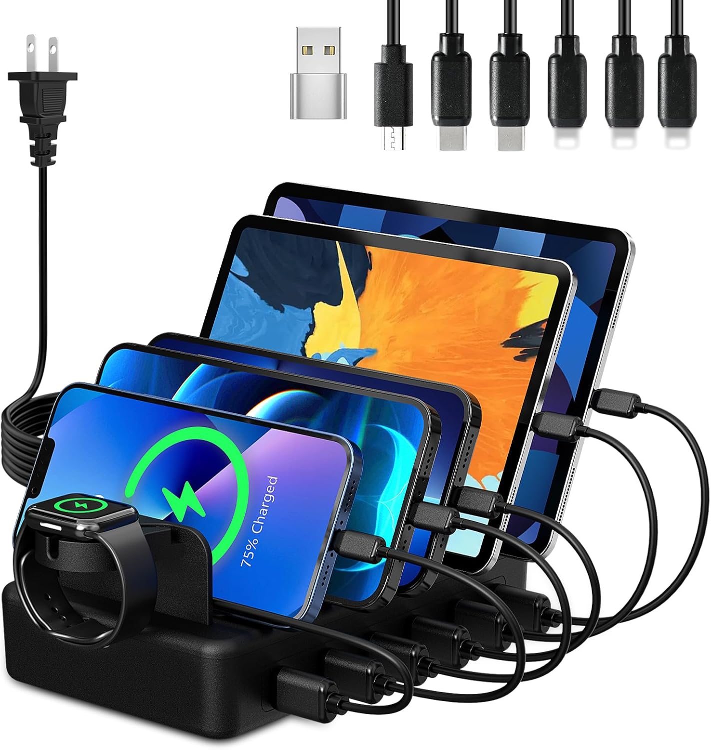 CREATIVE DESIGN Charging Station for Multiple Devices, 50W 6 Ports Charging Dock with 6 Cables Compatible with Cellphone,Tablet, Kindle, Apple Watch and Other Electronic