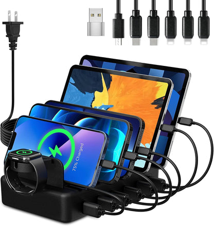 CREATIVE DESIGN Charging Station for Multiple Devices, 50W 6 Ports Charging Dock with 6 Cables Compatible with Cellphone,Tablet, Kindle, Apple Watch and Other Electronic