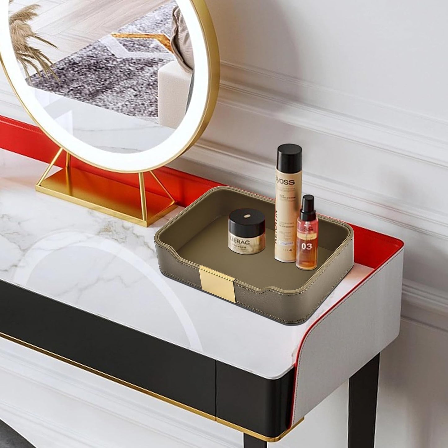 Luxury Leather Valet Tray Desktop Storage Organizer,Bedside Vanity Catchall Tray Nightstand Caddy Holder for Cosmetic,Jewelry,Watch,Keys,Phone,Wallet,Remote Controller,Pen,Black
