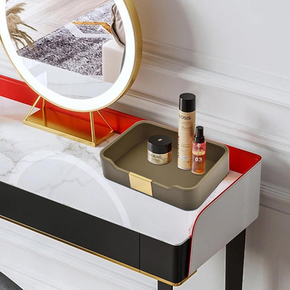 Luxury Leather Valet Tray Desktop Storage Organizer,Bedside Vanity Catchall Tray Nightstand Caddy Holder for Cosmetic,Jewelry,Watch,Keys,Phone,Wallet,Remote Controller,Pen,Black