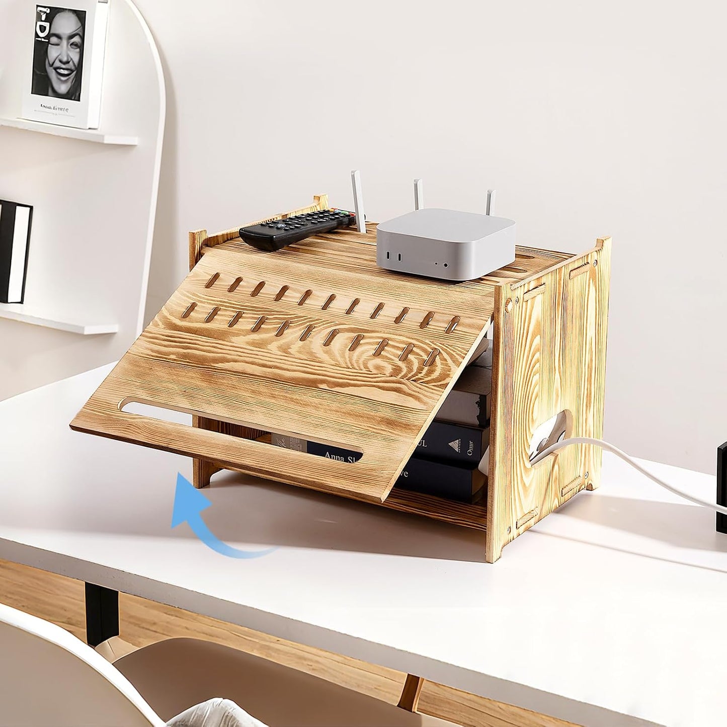 Solid Wood Projector Shelf Router Shelf Projector Stand Router Storage Box Router Cover Organized Modem Cable Power Strip Cable Management Hider Rack by Need Assembly (White)