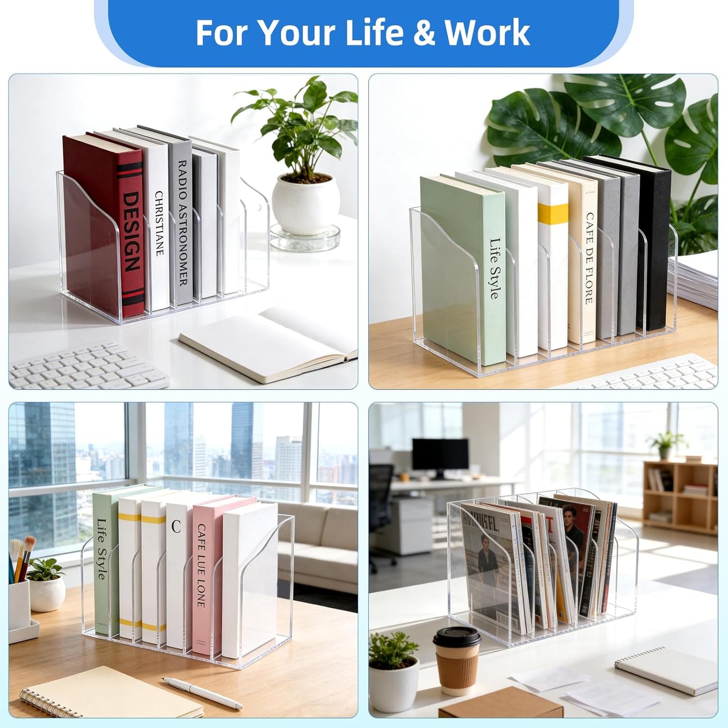 Acrylic Magazine File Holder, 6 Vertical Compartments Clear Acrylic File Organizer, Desktop Document Sorter & Bookend for Office/Home/Classroom, Storage for Documents, Books, Tablets & Accessories