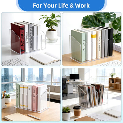Acrylic Magazine File Holder, 6 Vertical Compartments Clear Acrylic File Organizer, Desktop Document Sorter & Bookend for Office/Home/Classroom, Storage for Documents, Books, Tablets & Accessories