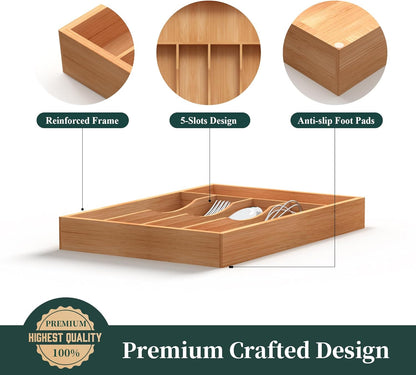 Small Silverware Organizer, Bamboo Kitchen Drawer Organizer, Utensil Holder, Cutlery Tray & Spoon Flatware Storage with Grooved Drawer Dividers (6.7''W x 12''D)