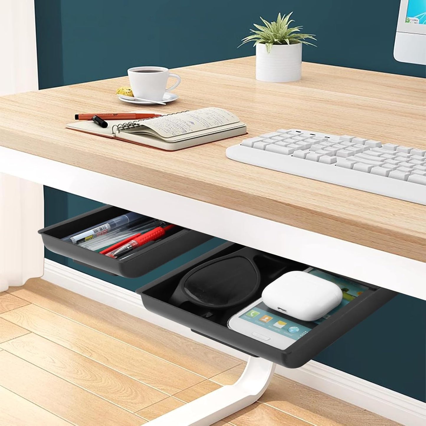 2pcs Under Desk Drawer, Table Hidde-n Slide Out Pencil Holder Self-Adhesive Desk Drawer Storage Tray Attachable for Stationery Home Office School (COLOR:black)
