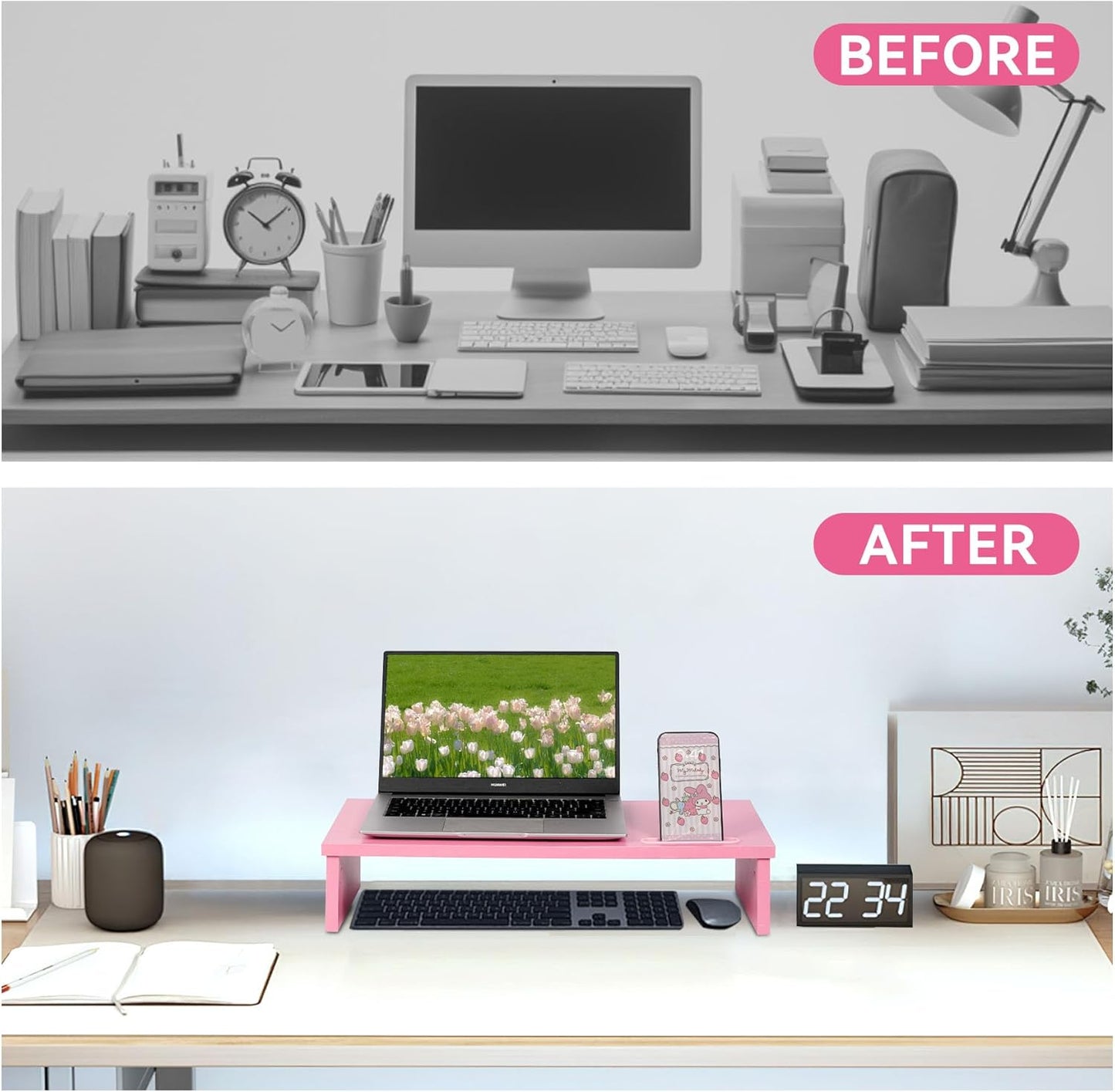 Qupui Computer Monitor Stand Riser with Drawer and Pen Holders, Desk Organizer Shelf and Accessories, Office Desk Accessories, Office Organization, Black