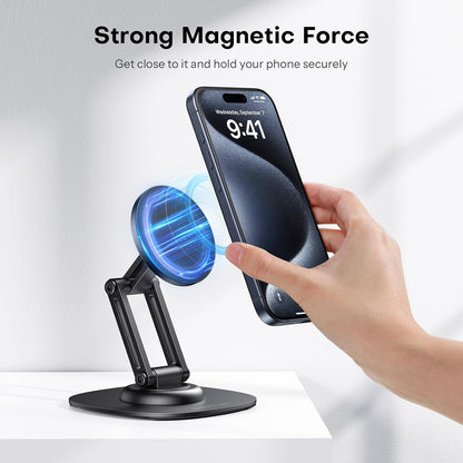 OMOTON 360°Rotating MS04 Magnetic Phone Stand for Desk, Adjustable Foldable Aluminum for MagSafe Cell Phone Stand Holder with Non-Slip Base, for iPhone 17/16/15/14 Pro Max Air, Black