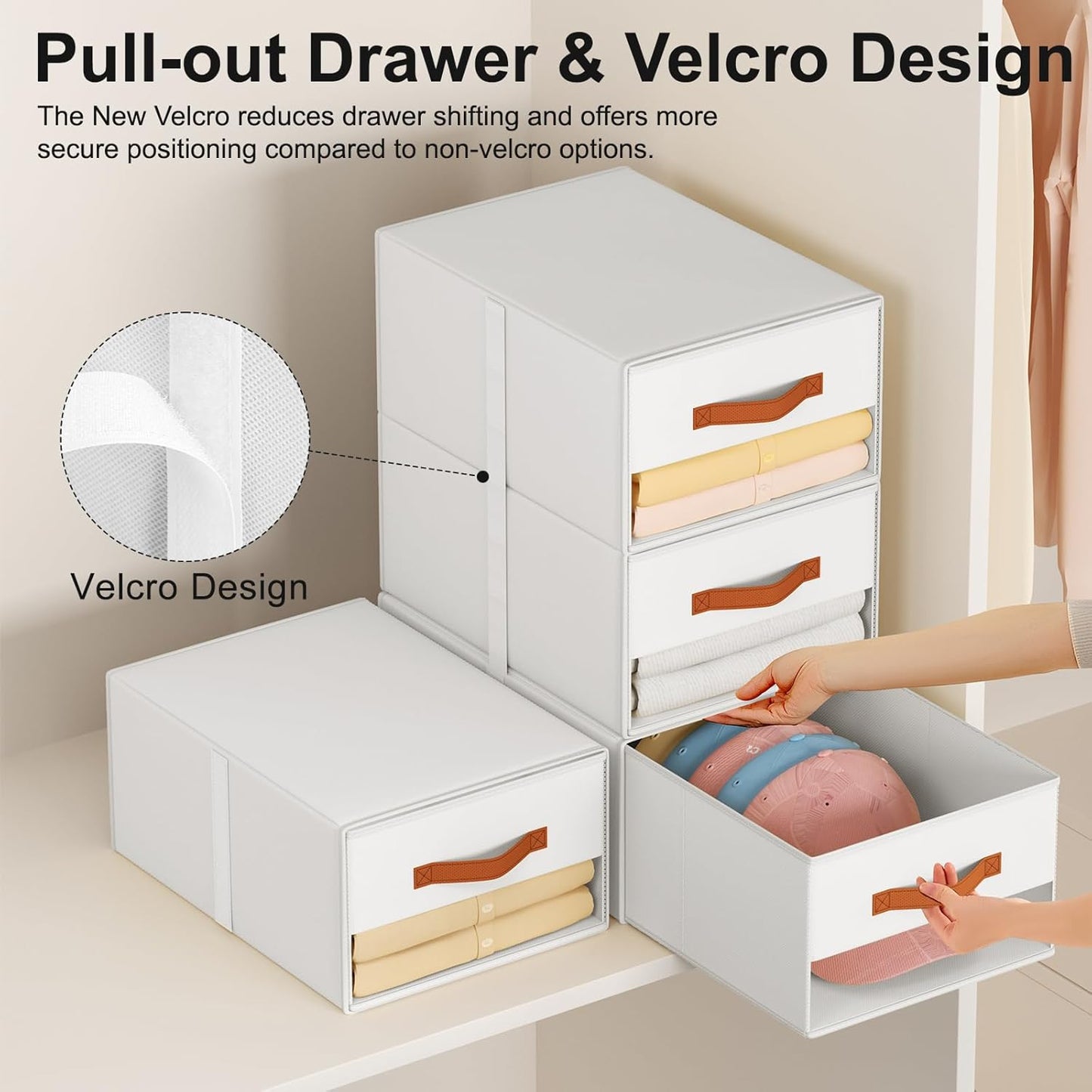 Stackable Storage Drawers - Pull Out Storage Bins with Drawers for Closet Clothes Organizers with Weekly Labels & Clear Window, Closet Shelf Storage for Bedroom, Living Room, 5 Pack, White