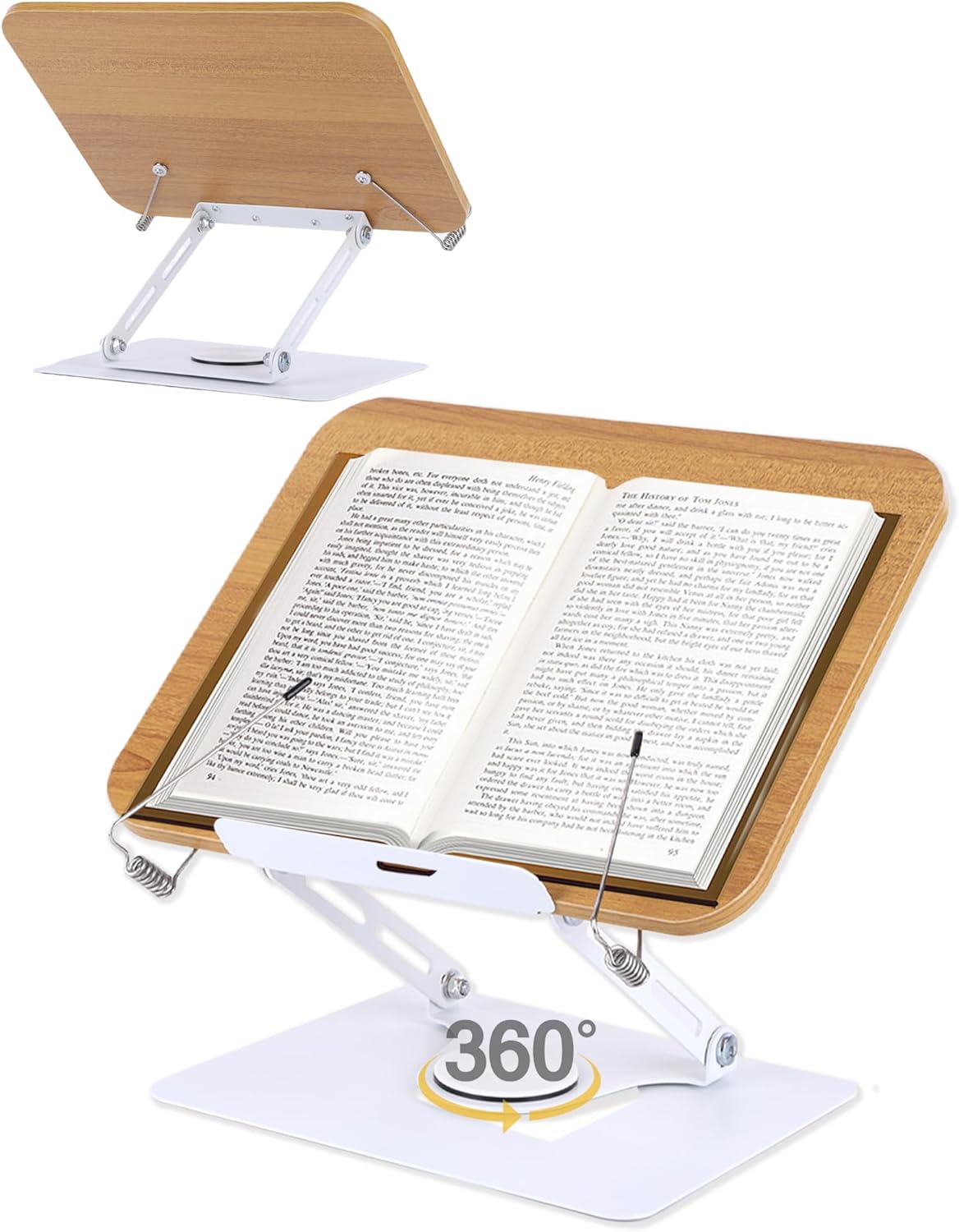 ASIEIT Desk Clamp Book Stand, Aluminum Book Holder Adjustable Height & Angle, Cookbook Stand for Kitchen, Recipe Book Holder with 360° Swivel Base, Book Stand for Reading, Office, Laptop