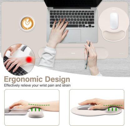 MOSISO Wrist Rest for Keyboard Mouse Pad Set, Large Gaming Deskpad&Circle Curved Mousepad&Keyboard Wrist Rest&Coaster, Ergonomic Non-Slip Mousepad&Easy Typing Pad with Silicone Lining, Apricot