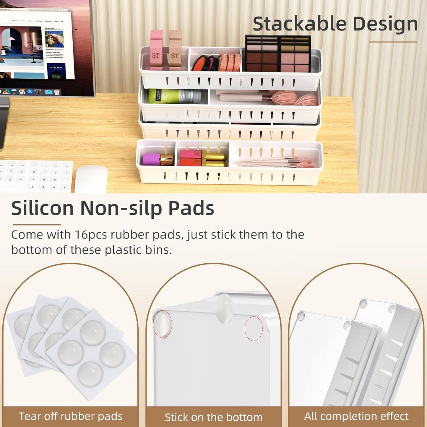 Desk Drawer Organizer Tray, 4 Pack Expandable Drawer Organizer with Dividers Adjustable, Bathroom Organizer Bins for Junk, Office, Makeup, Kitchen Utensil