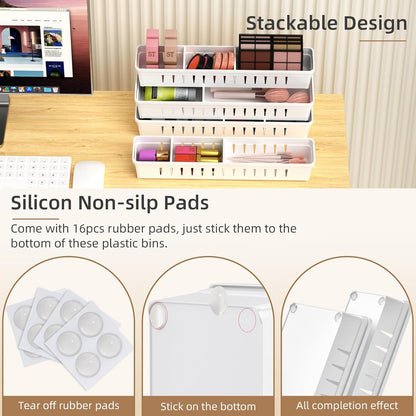Desk Drawer Organizer Tray, 4 Pack Expandable Drawer Organizer with Dividers Adjustable, Bathroom Organizer Bins for Junk, Office, Makeup, Kitchen Utensil