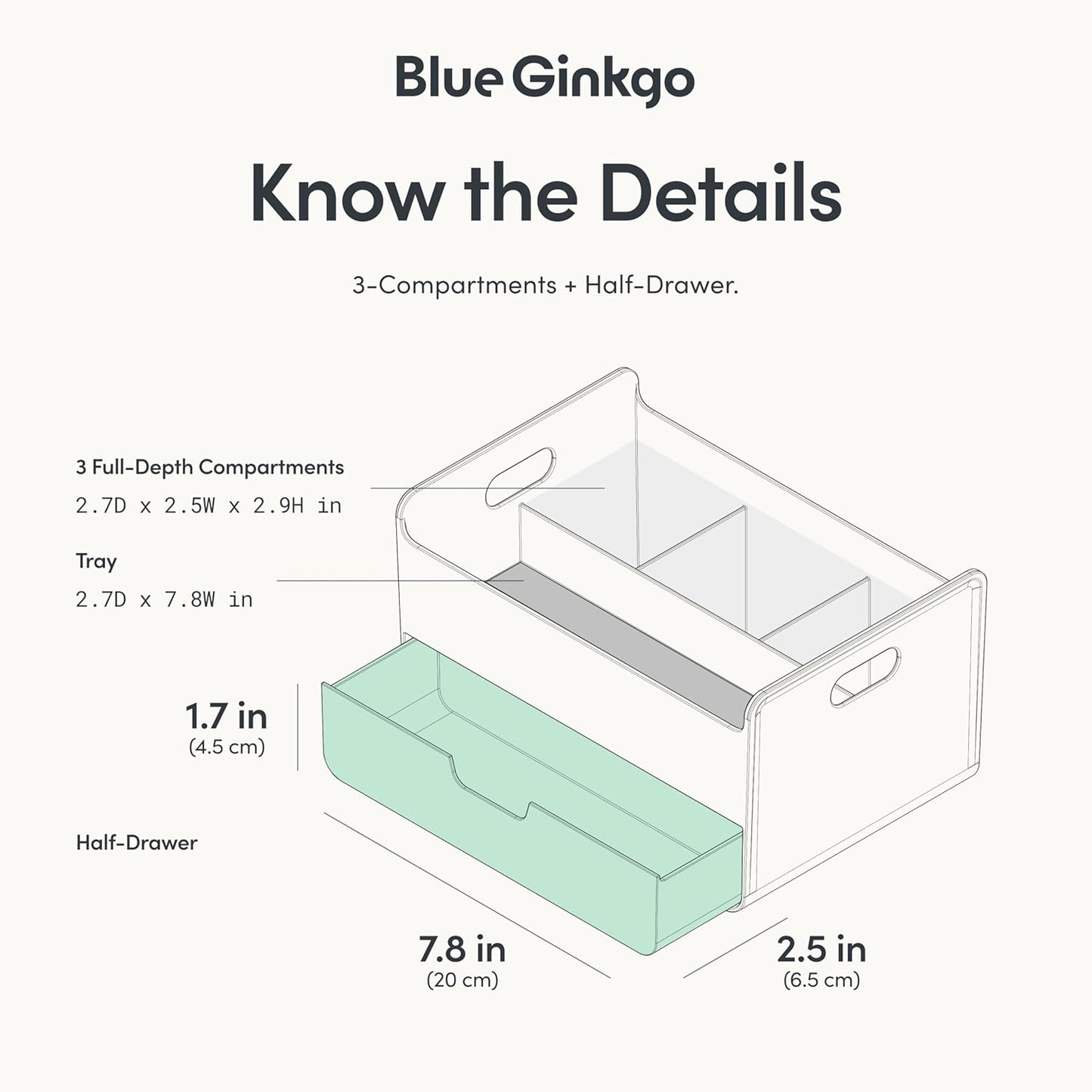 BLUE GINKGO Compact Desk Organizer – Small 5-Compartment, Half Drawer Storage – Pen Holder, Stationery Organizer for Desktop, Vanity, Shelf (Made in Korea, Green)