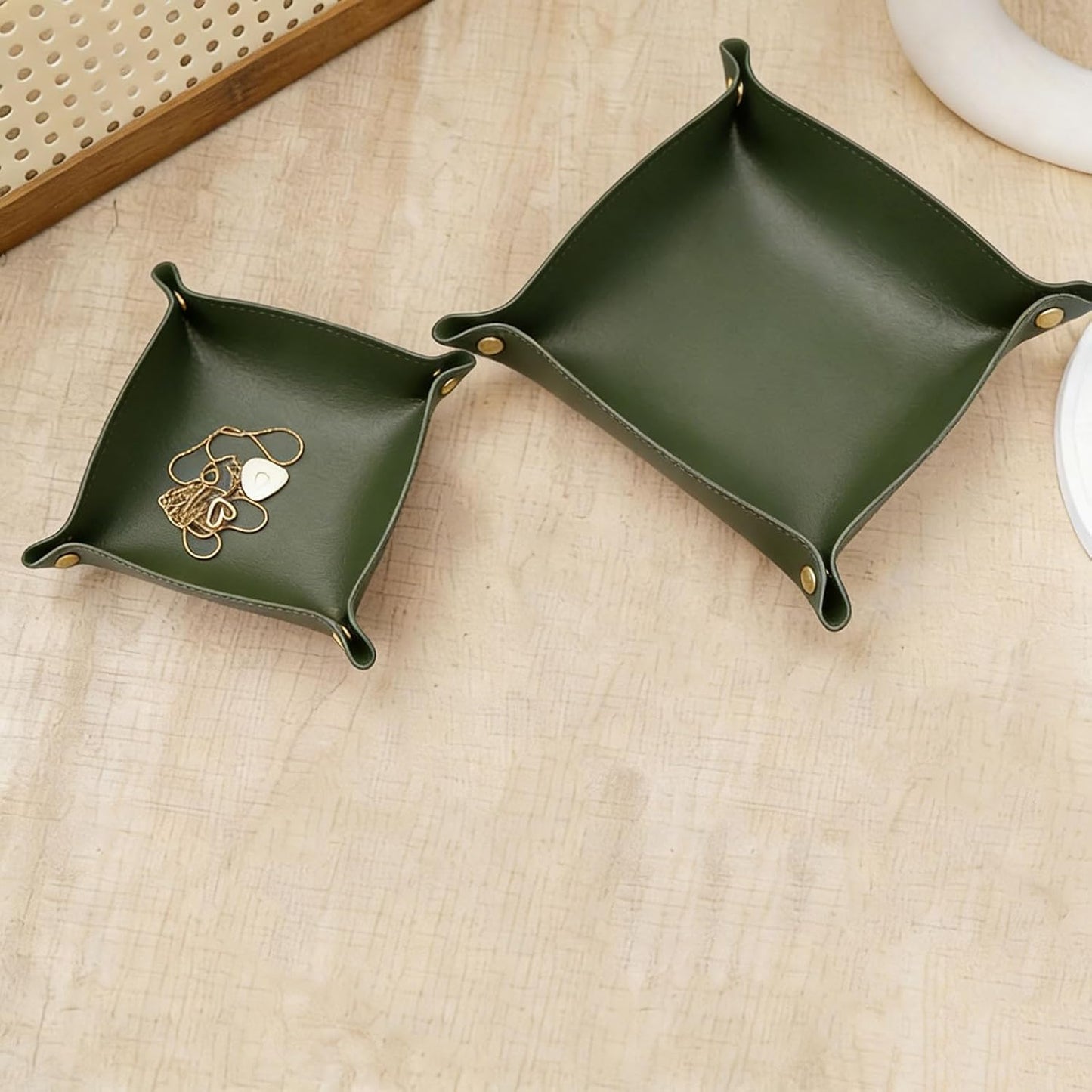 2 Size PU Leather Valet Trays,Square Desk Organizer Catchall Tray Set,Folding Travel Organizer,Jewelry Key Cosmetic Storage Tray for Entryway Dresser Desktop(Yellow)