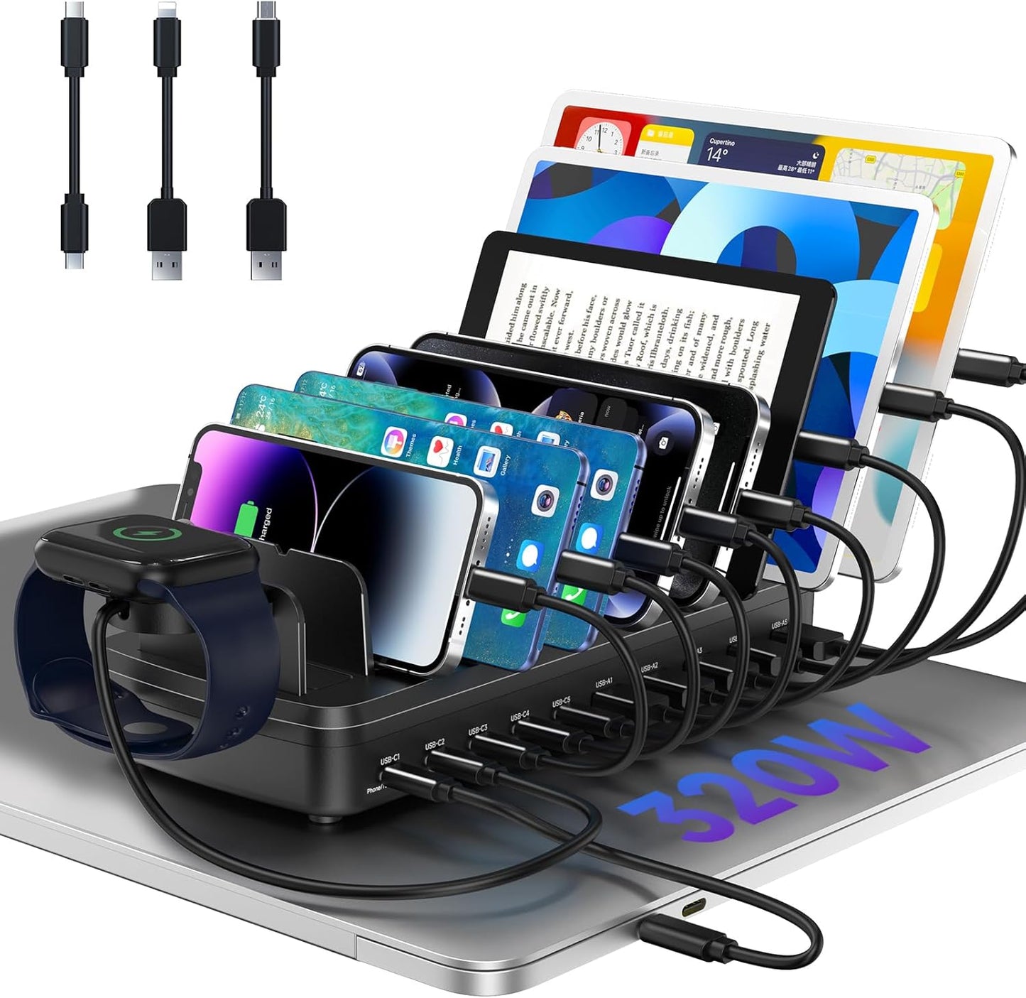 320W Charging Station for Multiple Devices, 10 Ports Fast Multi-Device Charger Organizer Compatible with MacBook Pro Laptop, iPhone, Android, Ipad, Tablet, Kindle, Family Multi-Device Charging Dock