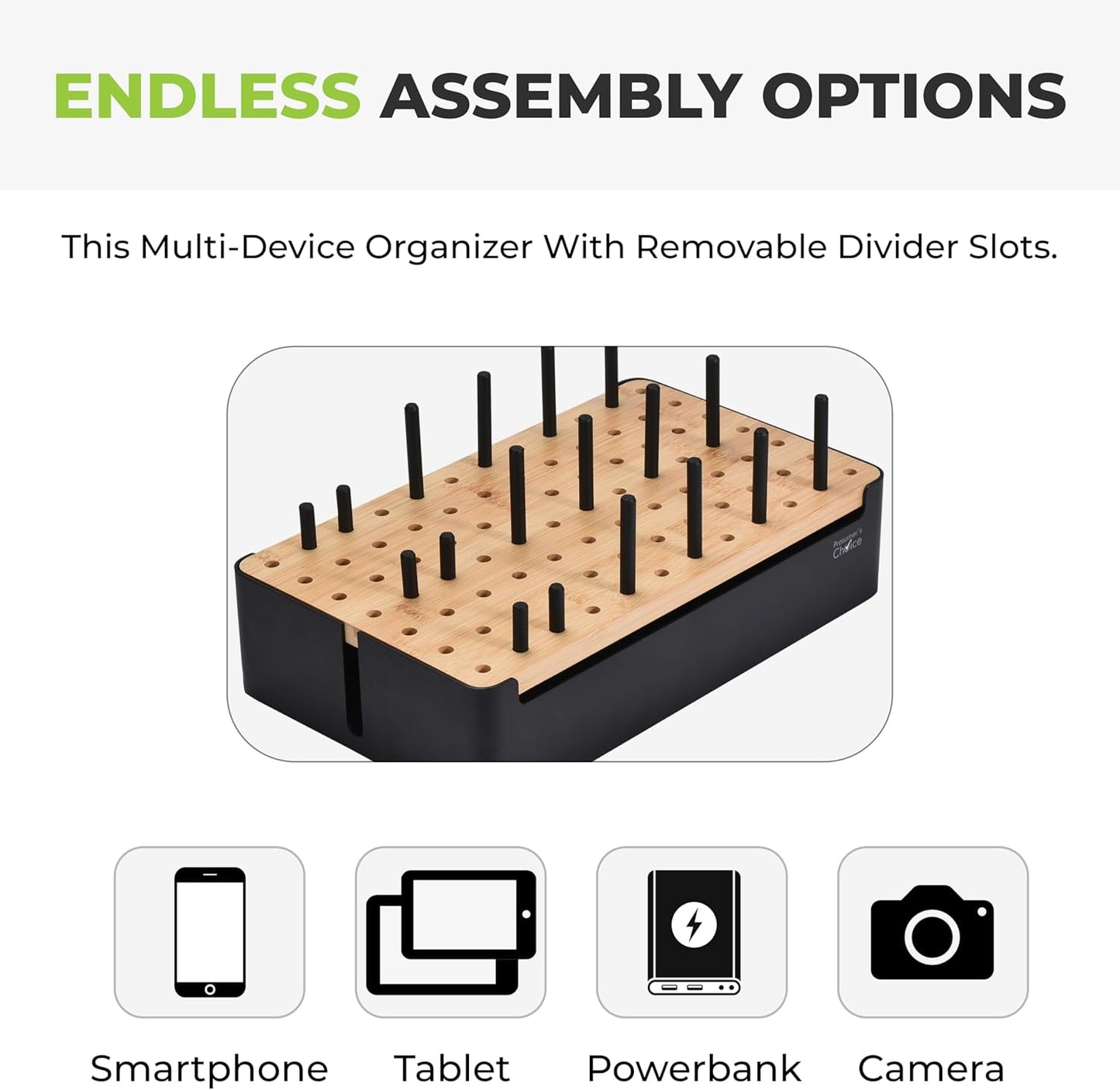 Prosumer's Choice Wooden Charging Station Organizer - 5-Port Base for Phones, Tablets and Laptops - Multi-Device Docking Station with Removable Divider Slots - Cord Box with Cable Management - Bamboo