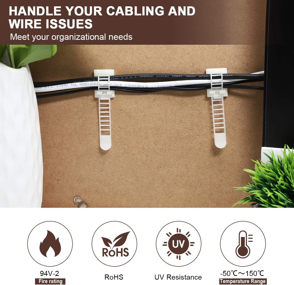 50Pcs Adhesive Cable Management Clips with 50Pcs Zip Ties, Adjustable Nylon Cable Strap Ties Wire Clips Clamps Organizer with Strong Adhesive Tape, Extra Screw & Hole - 3.35 Inch Black