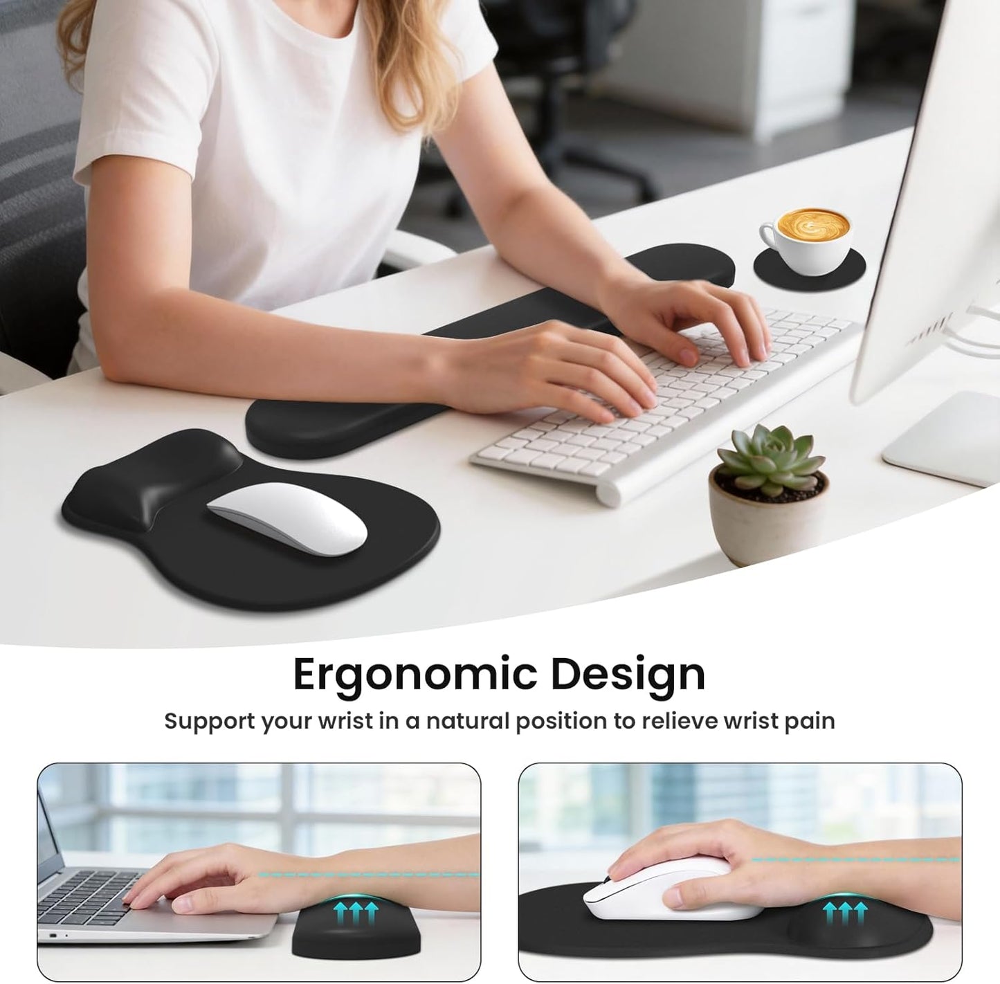 AKIT Ergonomic Mouse Pad and Keyboard Wrist Rest Set, Gel Memory Foam Wrist Rest with Non-Slip Base, 3-in-1 Mousepad Set for Pain Relief, Desk Accessories for Gaming, Home, Office(Black)