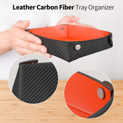 Leather Catchall Tray for Men, Valet Tray Organizer for Wallet, Keys, Accessories,Leather Carbon Fiber Desktop Storage Tray,Red