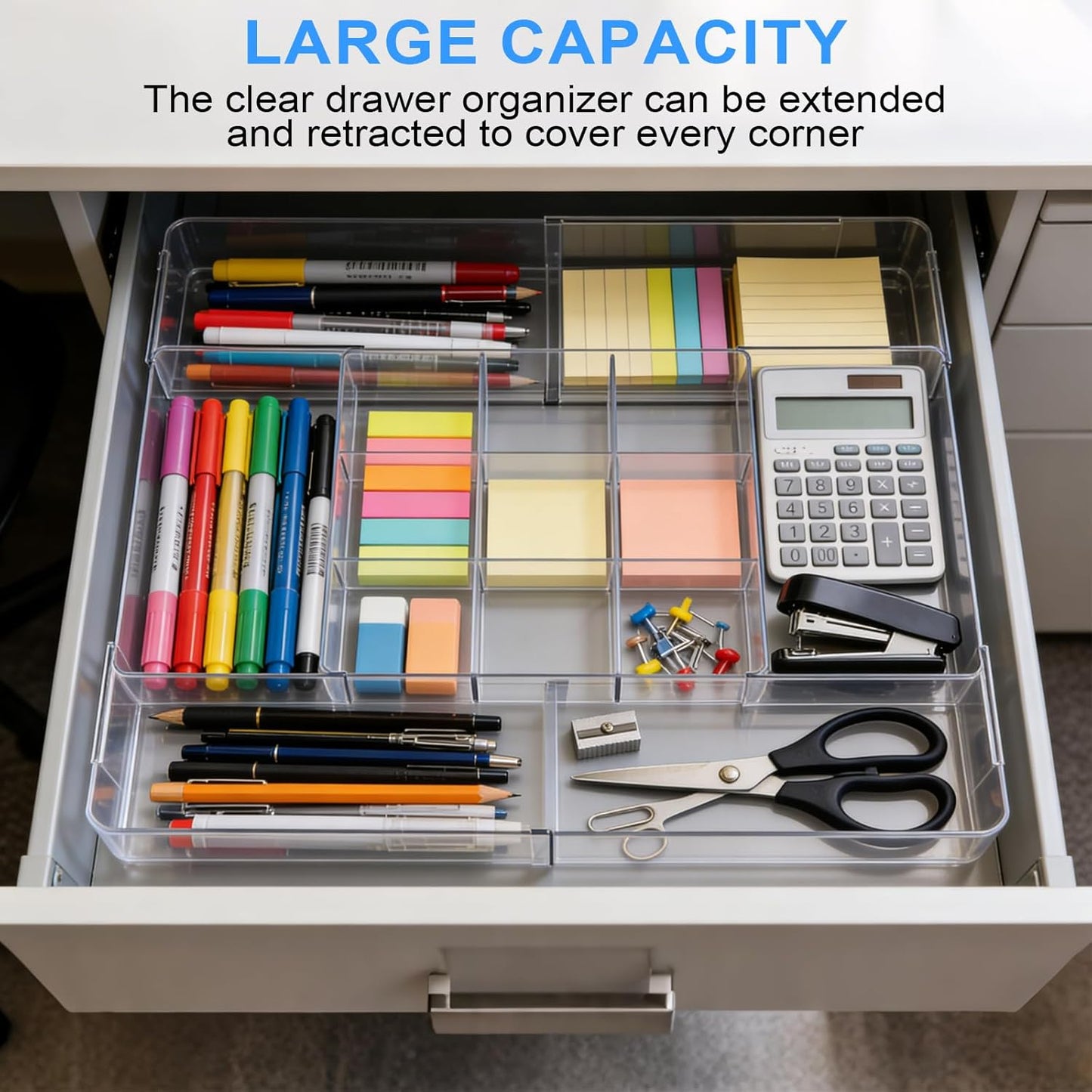Widousy Acrylic Drawer Organizer, Expandable Drawer Organizer Trays, Desk Organizers and Accessories, Adjustable Compartments Desk Accessories for Makeup Utensil Junk Office Kitchen Bathroom