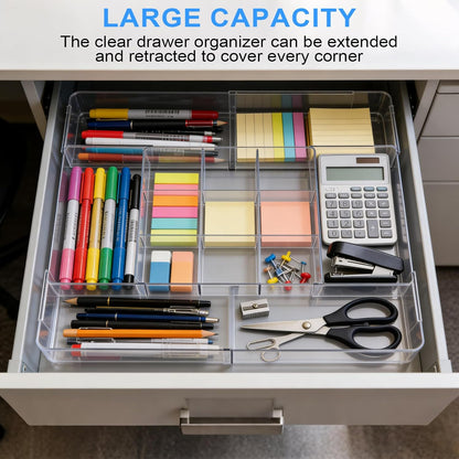 Widousy Acrylic Drawer Organizer, Expandable Drawer Organizer Trays, Desk Organizers and Accessories, Adjustable Compartments Desk Accessories for Makeup Utensil Junk Office Kitchen Bathroom