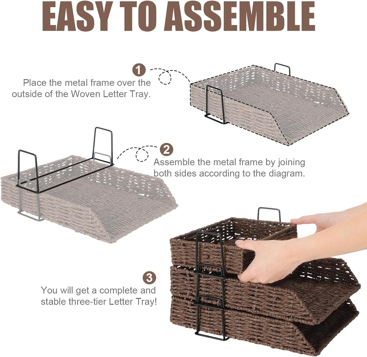 Geelin 3 Pack Water Hyacinth Woven Stackable Desk Organizer Letter Tray, Brown Tabletop Desk Basket for Storage Paper Letter Folders Notebooks Copy Print, Workspace Holder