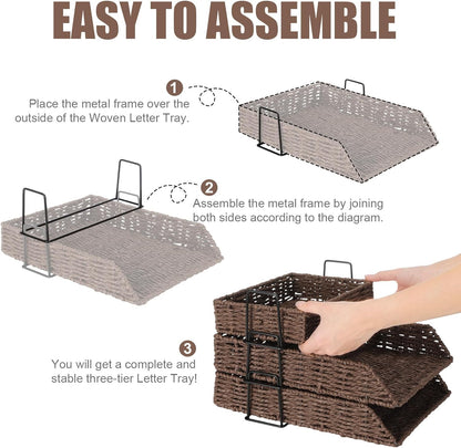 Geelin 3 Pack Water Hyacinth Woven Stackable Desk Organizer Letter Tray, Brown Tabletop Desk Basket for Storage Paper Letter Folders Notebooks Copy Print, Workspace Holder