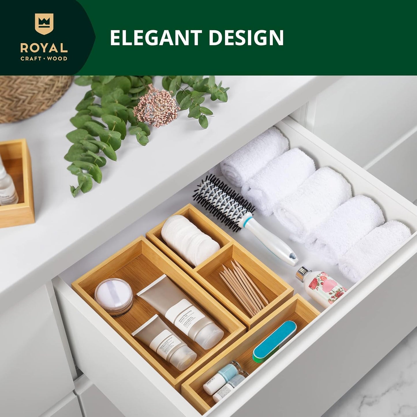 ROYAL CRAFT WOOD 5-Piece Bamboo Drawer Organizer Set – Multi-Use Storage Trays for Kitchen, Bathroom, Office, Makeup, Jewelry & More – Junk Drawer Tray, Utensil Holder, Storage Box & Bin Set (5 Boxes)