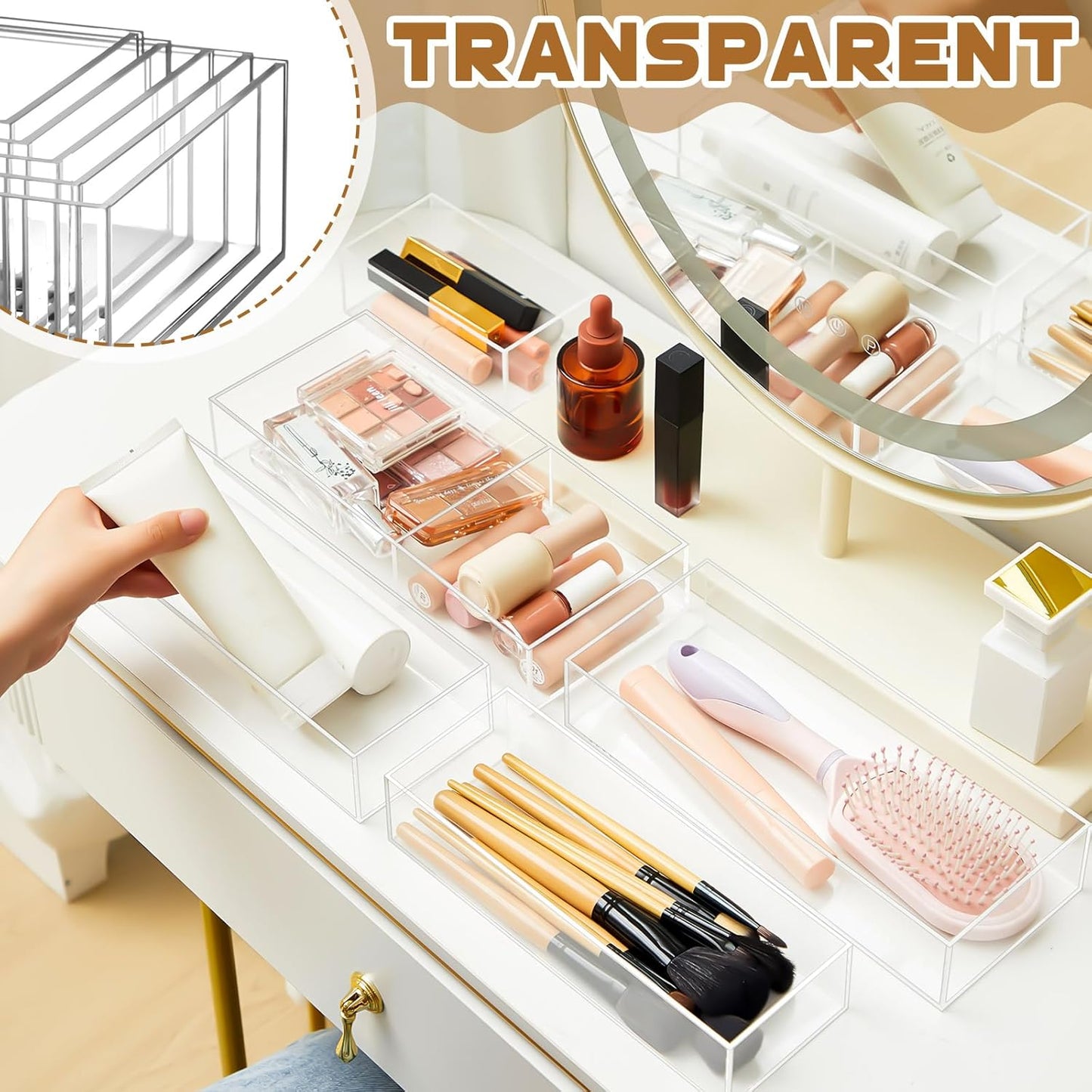 Briwooody Set of 5 Acrylic Desk Bathroom Organizer, Makeup Drawer Organizer Trays, Storage Bins for Stationery, Makeup, Jewelry, Gadgets for Kitchen, Office, Bedroom, Bathroom Gifts