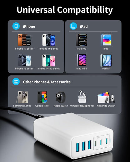 105W USB C Fast Charger, 6-Port Desktop GaN USB Charging Station Hub, USB C Charger Block Wall Charger for iPhone 17/16/15/14/13/12/11, iPad, Samsung and More (Cable Organizer Included)