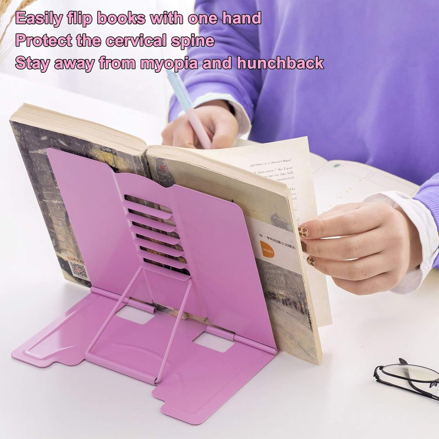 MSDADA Desk Book Stand Metal Reading Rest Book Holder Adjustable Cookbook Documents Holder for Recipes Textbooks Tablet Music Books, Mom Gifts, Gifts for Grandma Mom Mothers Day(Light Purple)