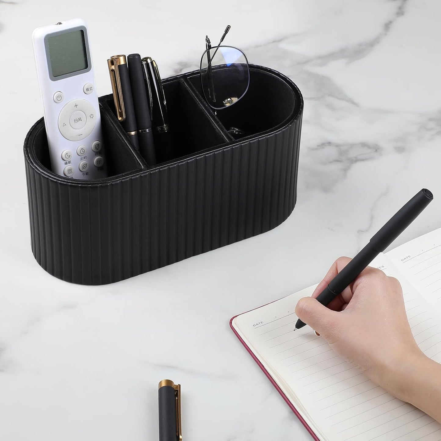 Oval Pen Holder for Desk, Remote Control Holder with 3 Compartments, PU Leather Small Desk Organizer Remote Caddy, Aesthetic Pencil Holder Desk Accessories for Home Office (Ivory)