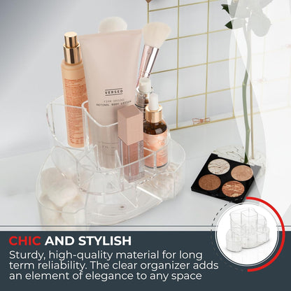 Masirs Small 360 Rotating Makeup Organizer - Mini Yet Spacious Cosmetic Storage Solution with Multiple Compartments - The Perfect Spinning Make-Up Caddy for Vanity or Bathroom Counter (Round - Clear)
