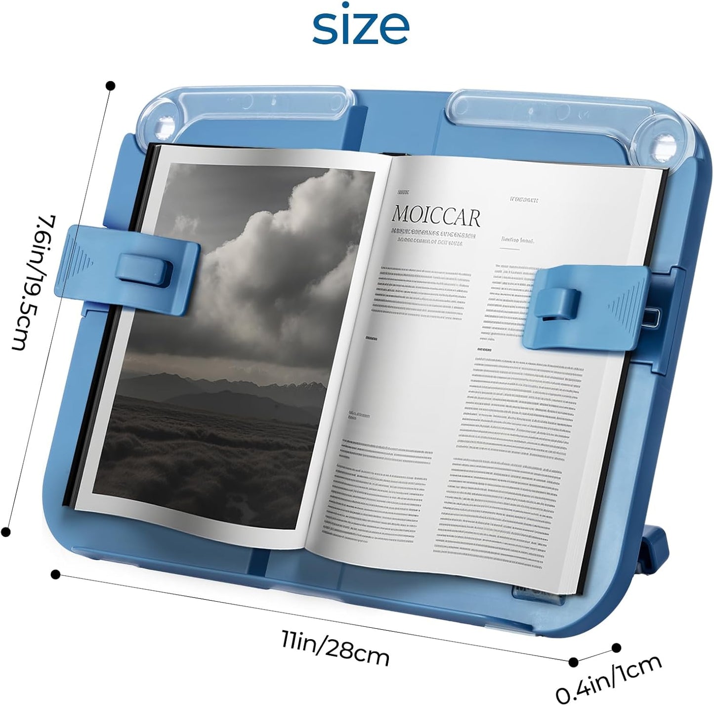 M&G Book Stand Adjustable Book Holder, Hands Free Book Display Stand Cookbook Stand with Page Paper Clips, Portable Reading Rest Desk Bookstand for Textbooks, Magazines, iPad (Blue)