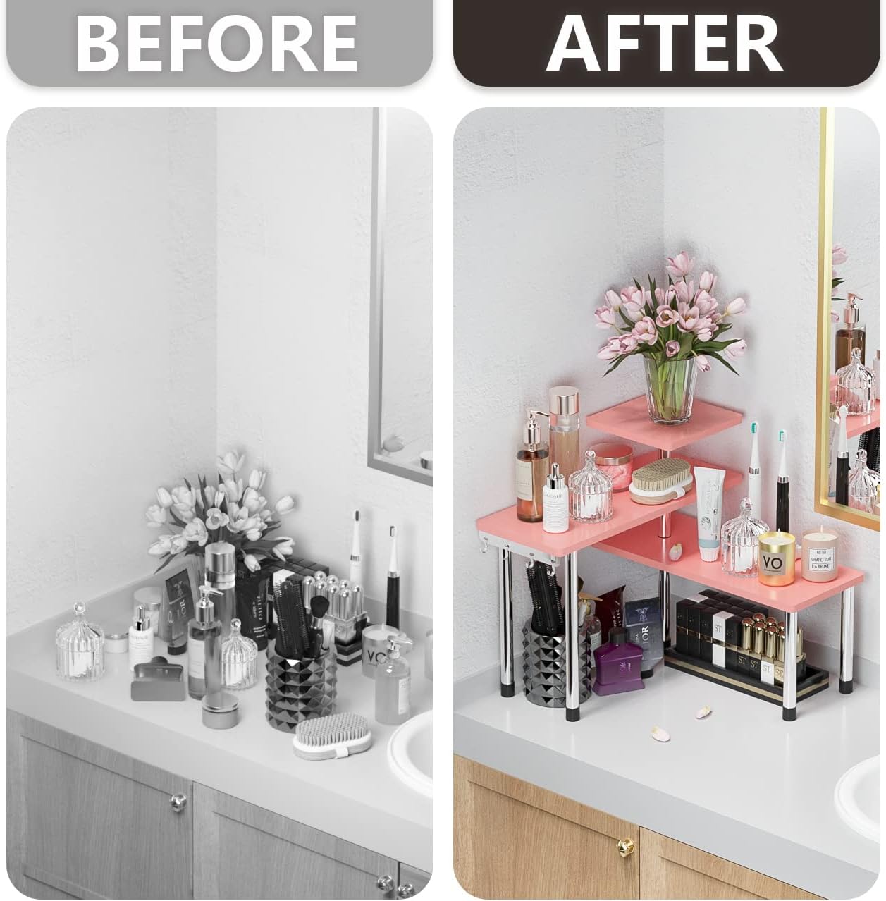 ZHWS Kitchen Countertop Organizer Spice Rack for Salt, Bathroom Counter Organizer Over Sink for Makeup, Skincare, Adjustable 3-Tier Corner Counter Shelf with 4 Hooks for Coffee Bar Dresser Table