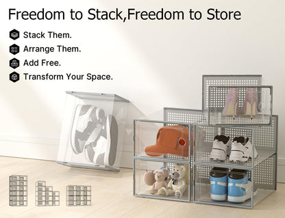 Kuject X-Large Shoe Storage Boxes Organizers Clear Plastic Stackable 12 Pack, Shoe Rack & Holder Substitute, Sneaker Containers, Toy Storage Organizer Bins for Entryway, Closet, Under Bed, Black