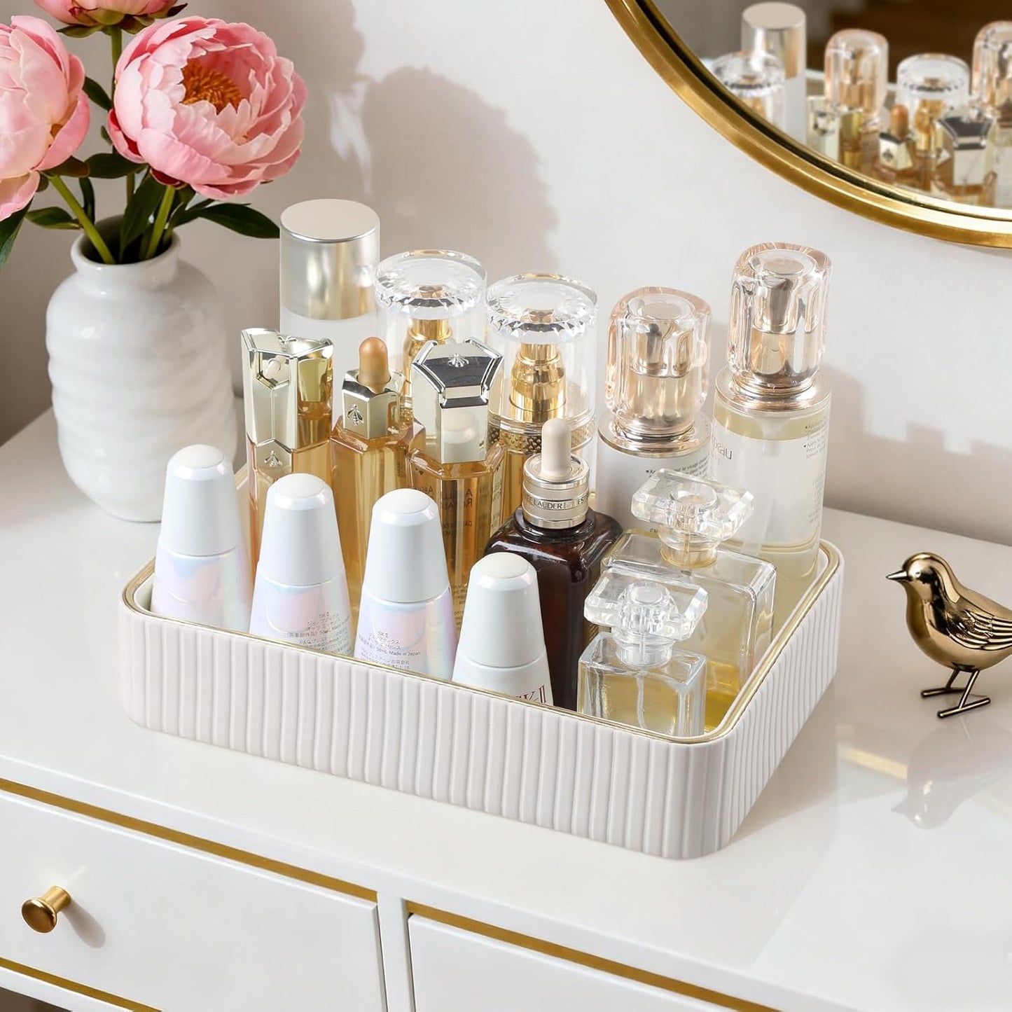 Desk Organizer Tray, PU Leather Nightstand Organizer Perfume Valet Tray for Men Women, Decorative Vanity Trays Trinket Dish Key Bowl for Entryway Table (2pcs, Ivory, Large+Small)