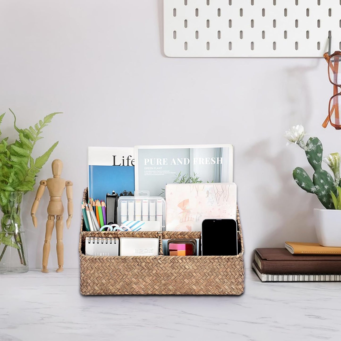 BTSKY Woven Storage Basket Natural Seagrass Vertical Wicker Storage Baskets with 4 Compartments Desk Organizers and Storage Magazine File Holder Home Office Supplies Sorter Rack, Coffee