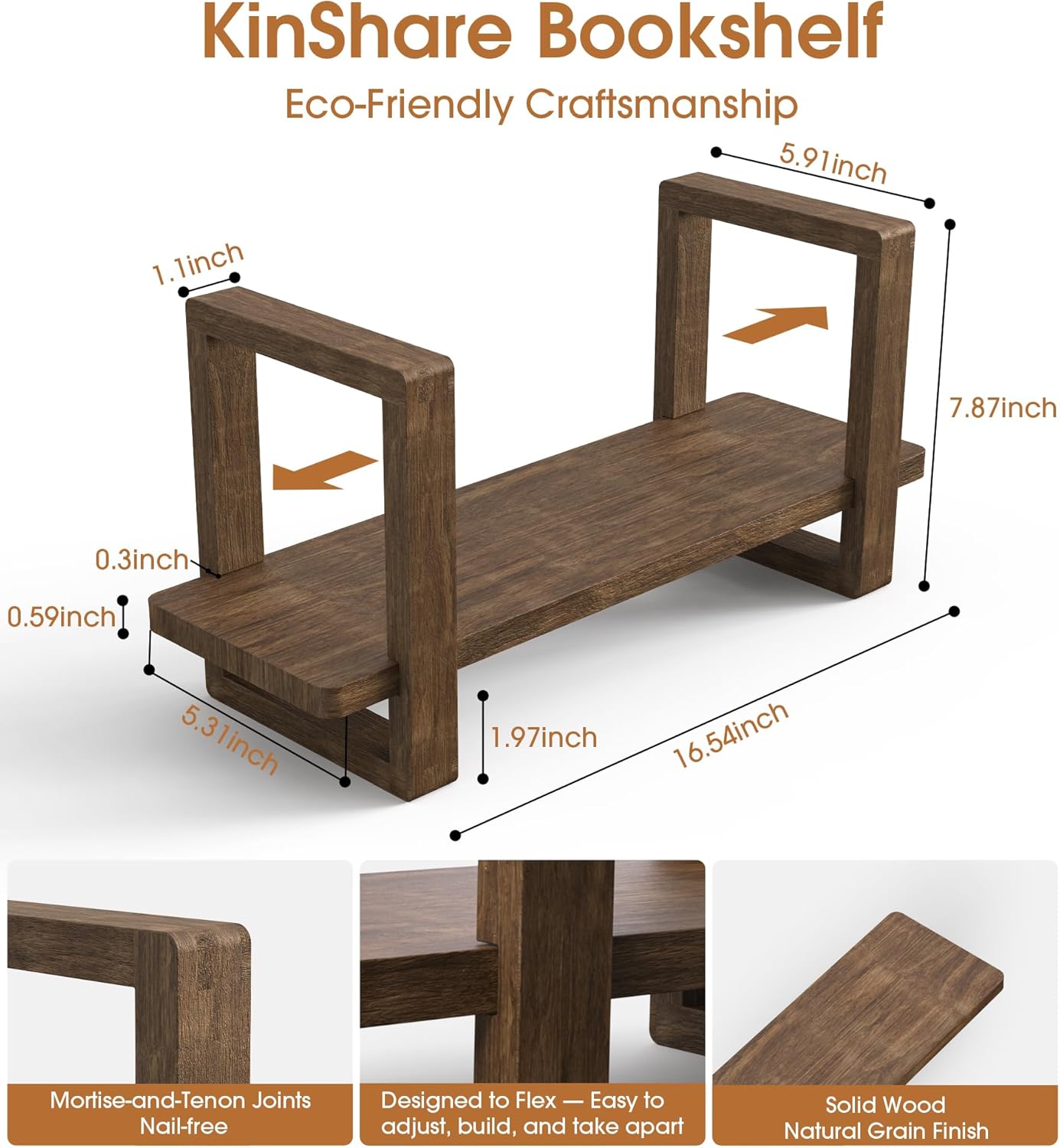 Small Adjustable Desk Bookshelf Organizer – Open Bookend Shelf Flexible to Fit as Much or as Little with Slide-in Joints | Portable, Reversible for Class, Dorm, Home Office | Bamboo