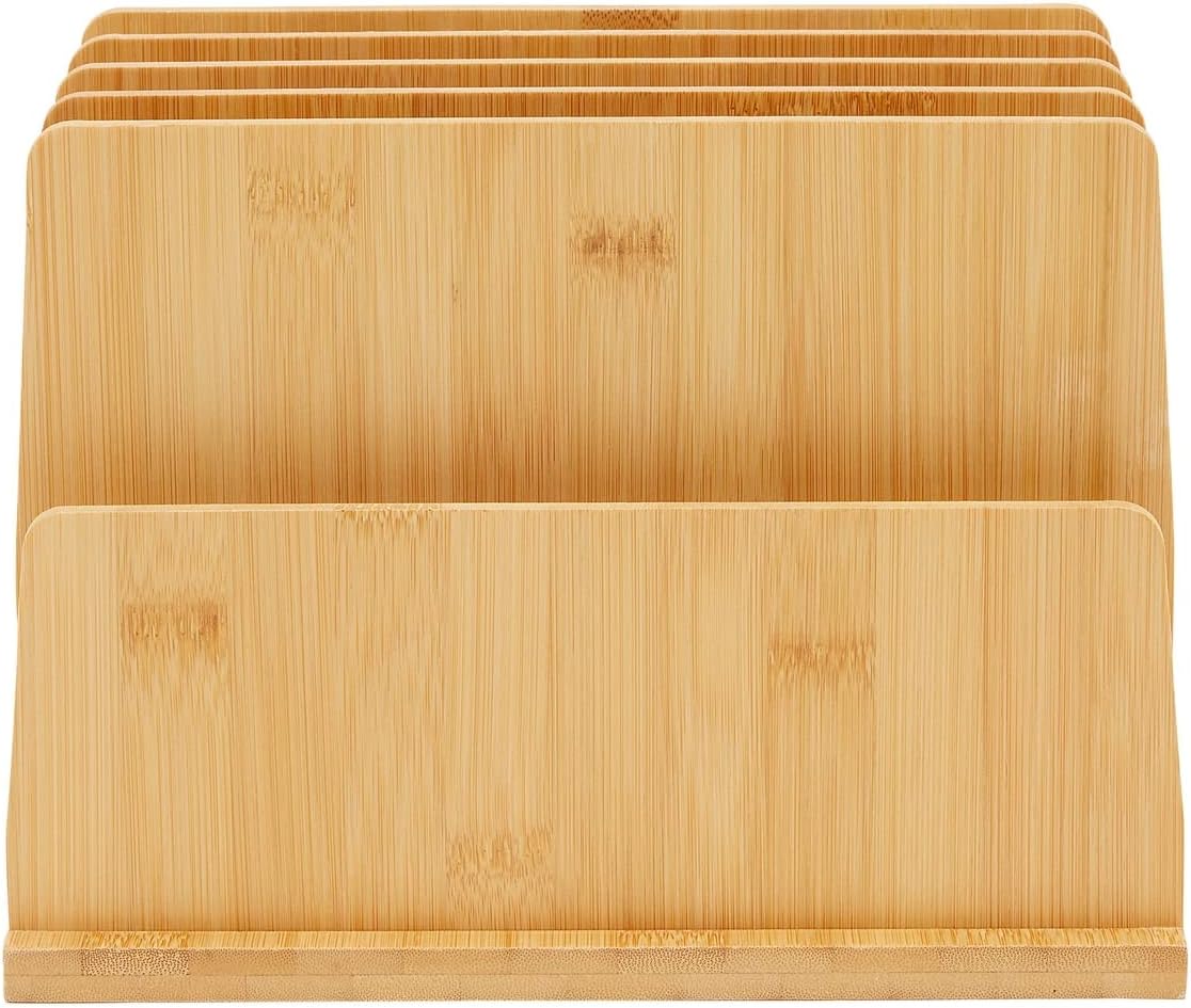 Bamboo Wooden Mail Holder, File Sorter for Letter and Folder Document Storage, Envelope Organizer with 5 Slots for Office Desk, Countertop, Home Organization (10x7 in)