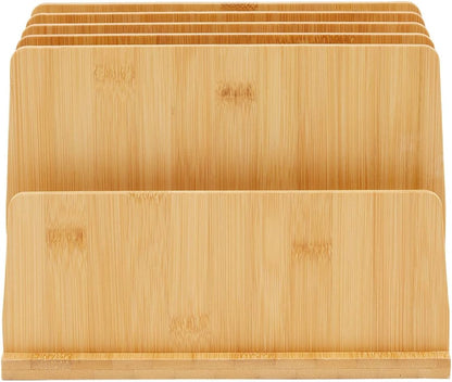 Bamboo Wooden Mail Holder, File Sorter for Letter and Folder Document Storage, Envelope Organizer with 5 Slots for Office Desk, Countertop, Home Organization (10x7 in)