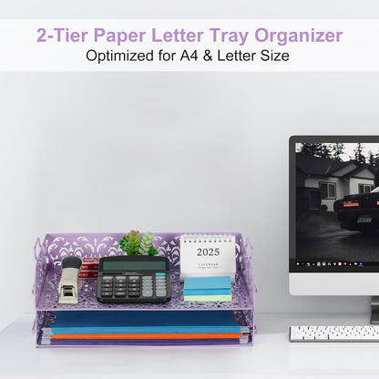 EasyPAG Paper Organizer for Desk 2 Tier Stackable Paper Tray for A4 Legal Size Folders Metal File Storage Desktop Organizer for Home Office School Teacher, Black